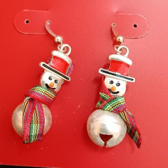 Christmas Snowman Earrings w/ Silver Bell. Dangle w/ Hook Backs. NEW. Festive. - Picture 1 of 4